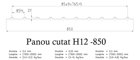 Caracteristici tehnice pentru tabla cutata H12 – 850 PREVOPSITA